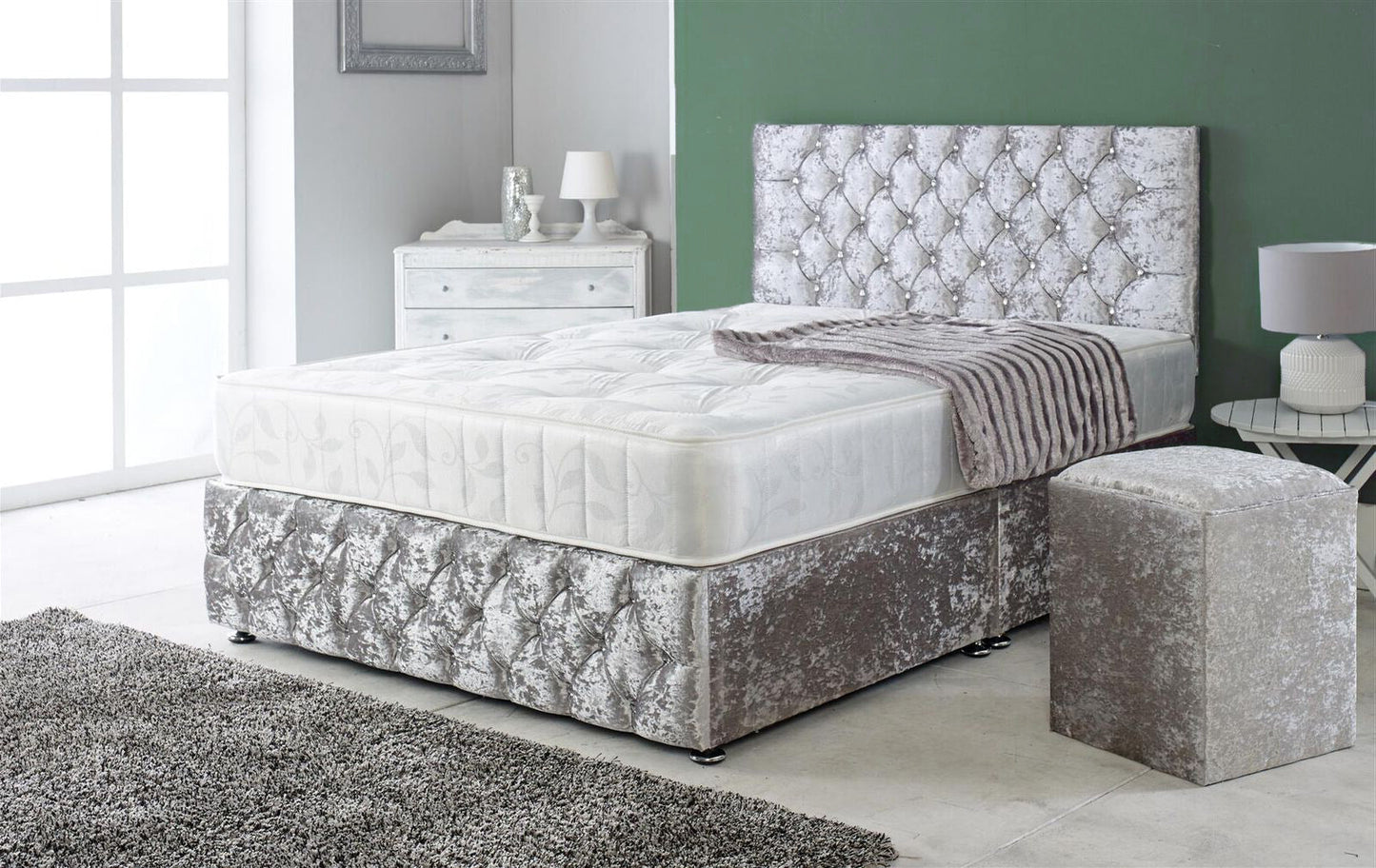 Chesterfield Divan Bed Set Crushed Velvet 3ft to 6ft (GREY)